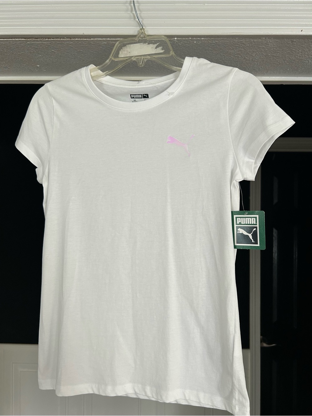 Puma White Crew Neck T-Shirt with Iridescent Logo Print
